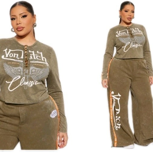 Chic & Cozy Y2K Vintage-Style Wide Leg Sweatsuit | NWT 3X Olive Green Von Dutch3