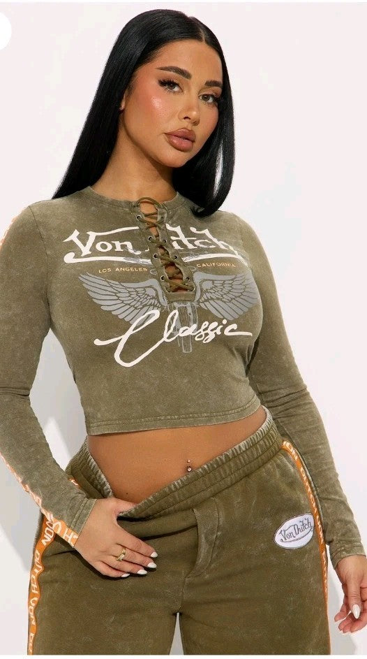 Chic & Cozy Y2K Vintage-Style Wide Leg Sweatsuit | NWT 3X Olive Green Von Dutch1