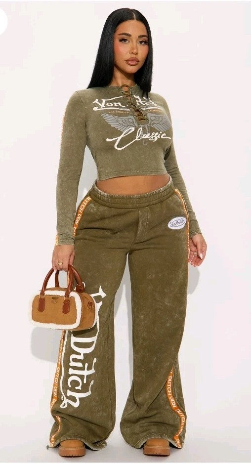 Chic & Cozy Y2K Vintage-Style Wide Leg Sweatsuit | NWT 3X Olive Green Von Dutch0