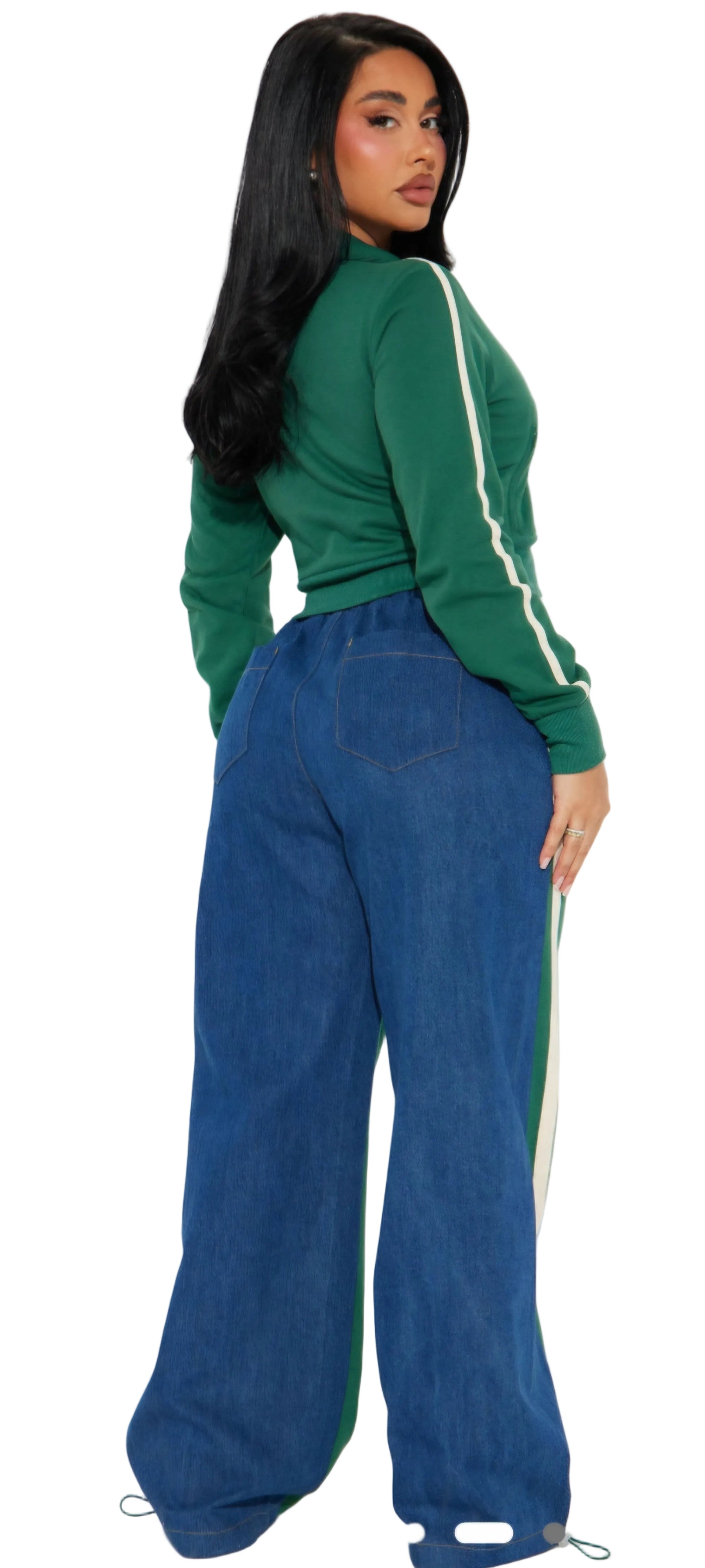 Green Retro Two-Piece Tracksuit with Denim Side Pane