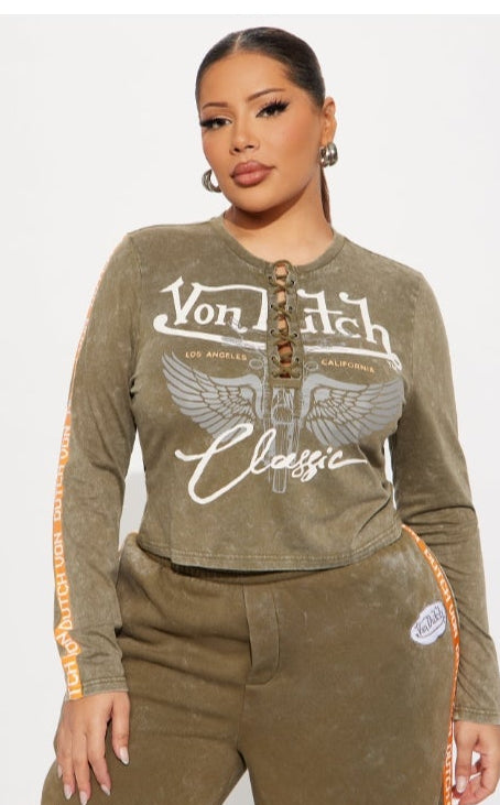 Chic & Cozy Y2K Vintage-Style Wide Leg Sweatsuit | NWT 3X Olive Green Von Dutch