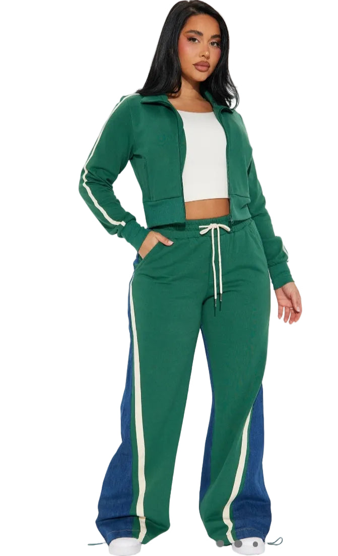 Green Retro Two-Piece Tracksuit with Denim Side Pane