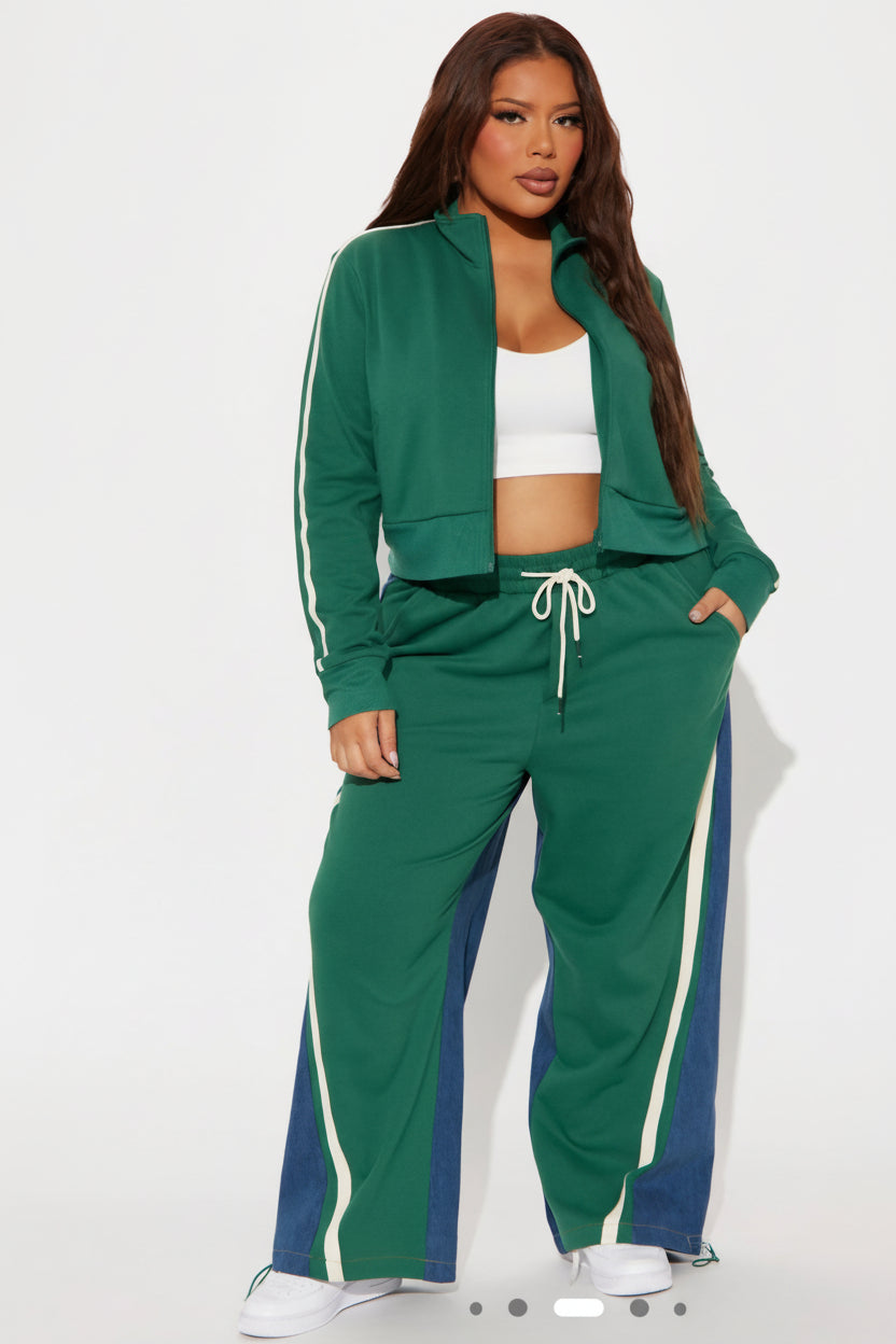 Green Retro Two-Piece Tracksuit with Denim Side Pane